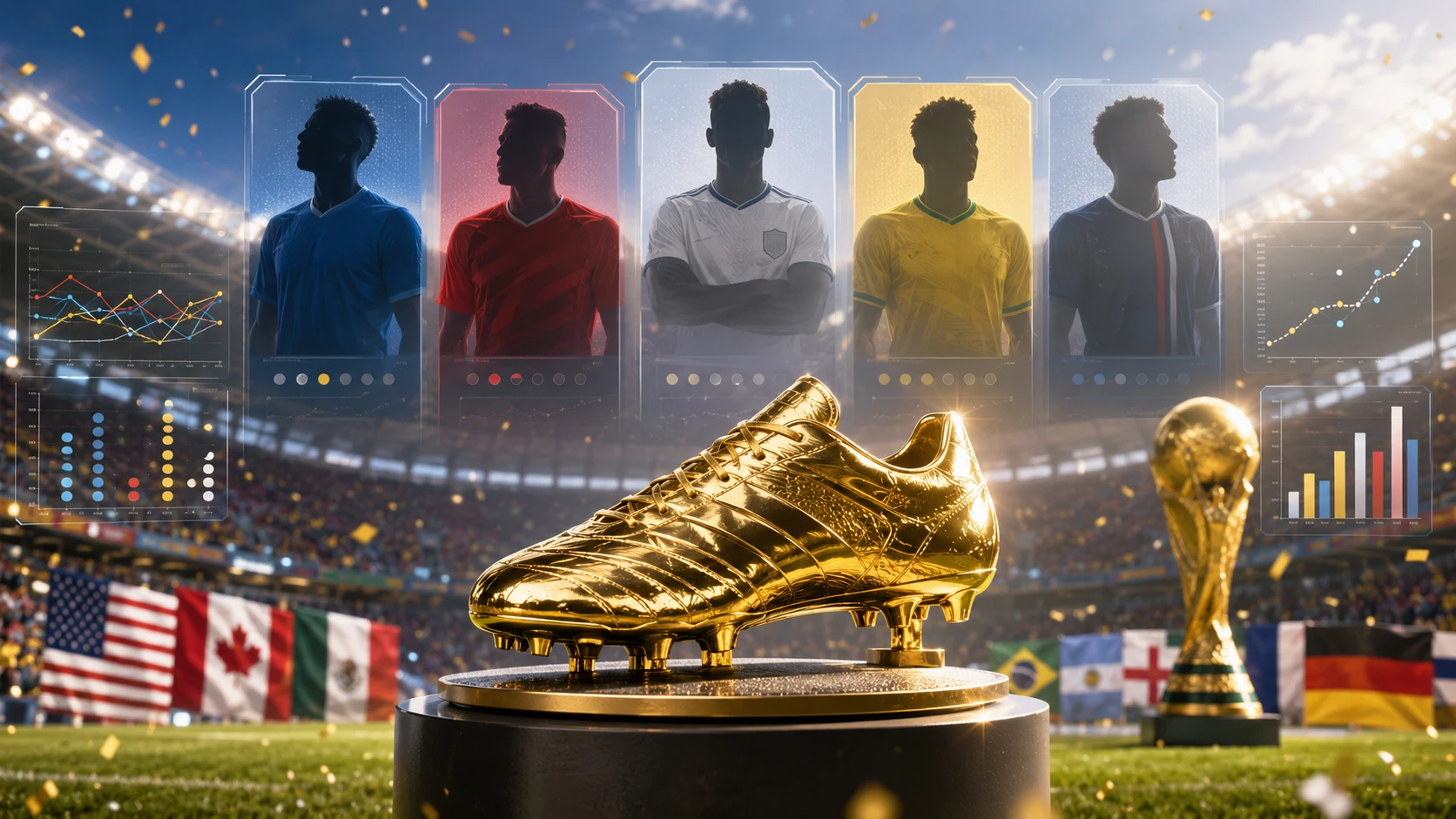 Dark navy graphic with golden trophy silhouette and the text World Cup 2026 Golden Boot Odds