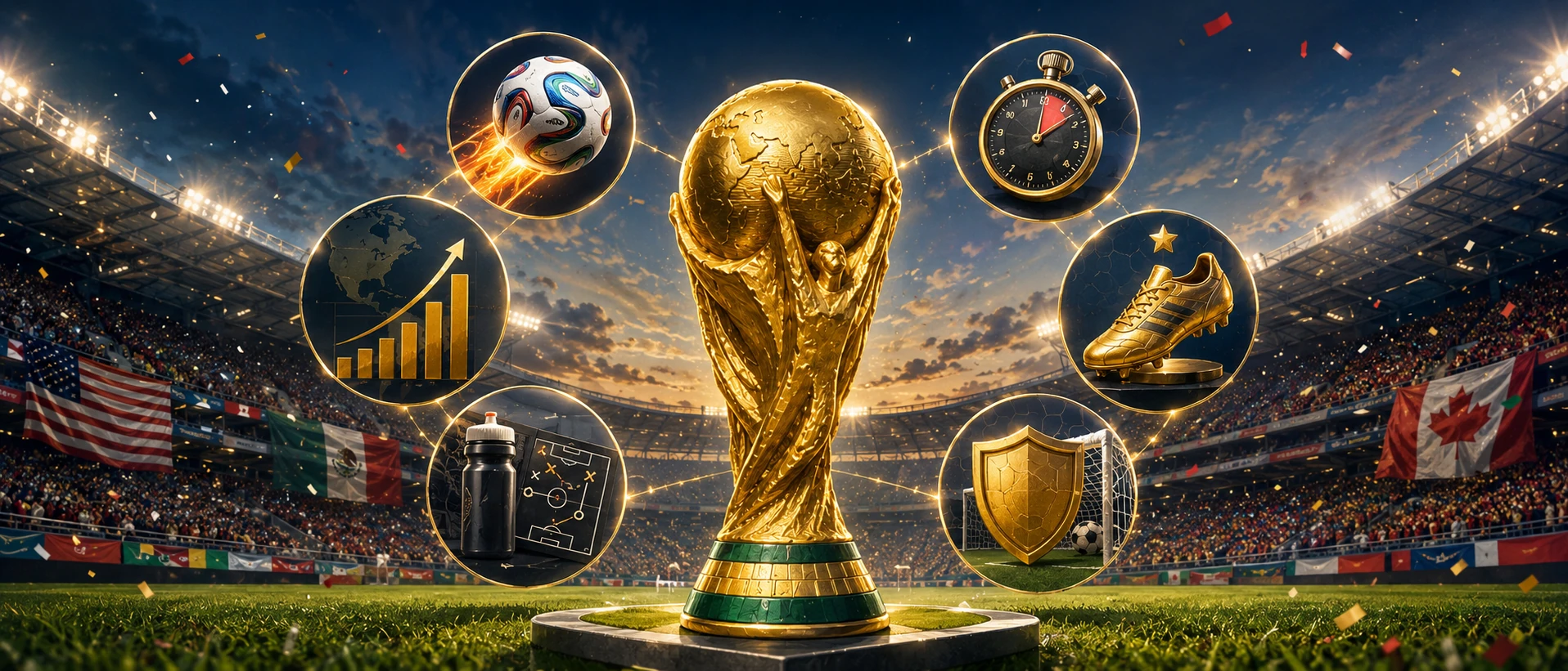 World Cup trophy surrounded by charts, scorelines and statistical graphics from the 2026 tournament