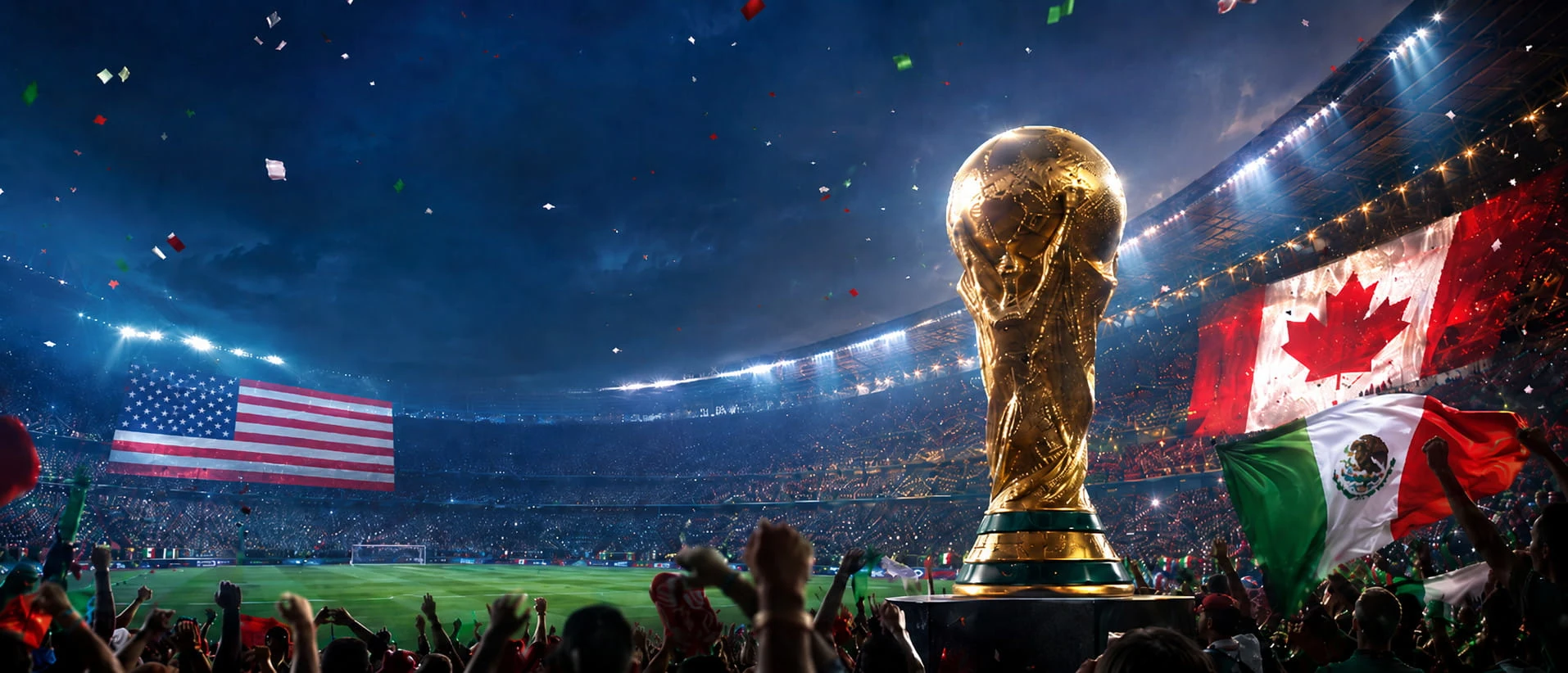 Dark navy graphic showing the FIFA World Cup 2026 tournament dates, 48 teams, 12 groups and 104 matches across USA, Canada and Mexico