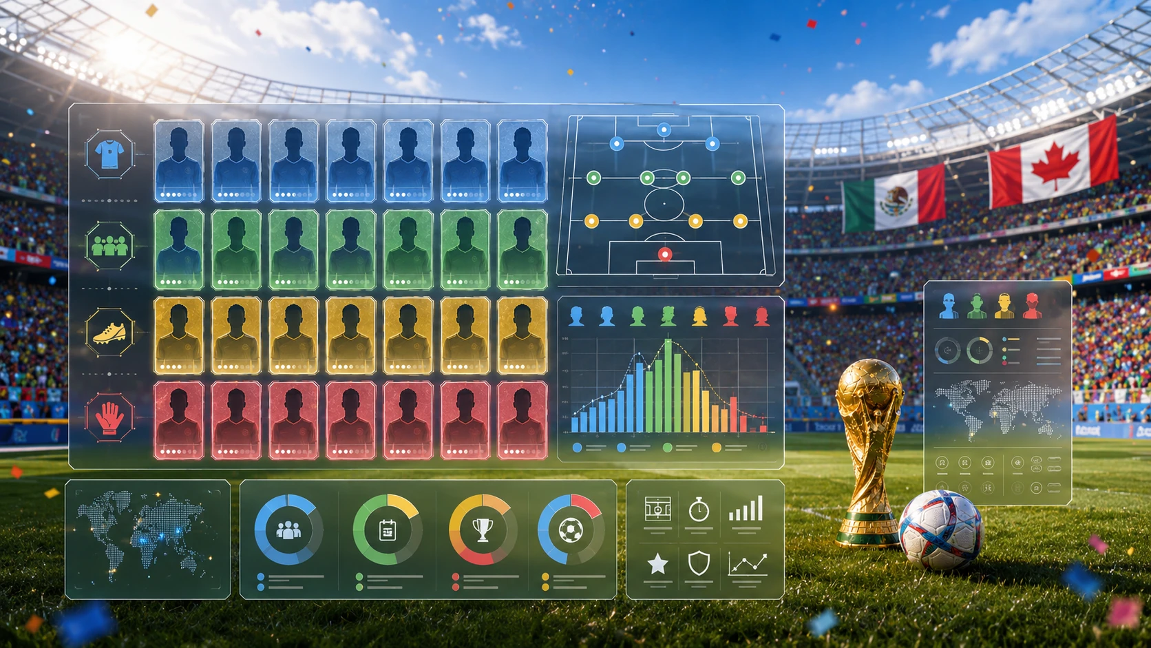 Dark navy graphic showing the words World Cup 2026 Squads: Ages and Records above a row of national team shirts
