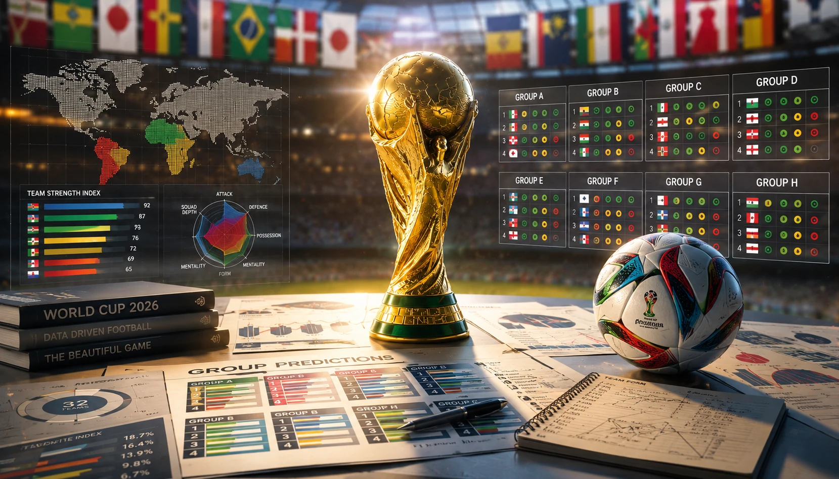 Dark graphic showing the 12 World Cup 2026 group draws from A to L with team names